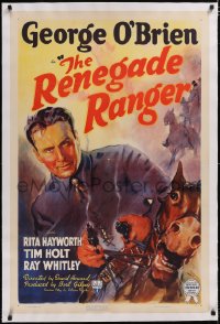 4x0631 RENEGADE RANGER linen 1sh 1938 art of George O'Brien firing guns, Rita Hayworth 2nd billed!