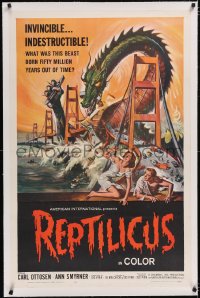 4x0632 REPTILICUS linen 1sh 1962 indestructible 50 million year-old giant lizard destroys bridge!