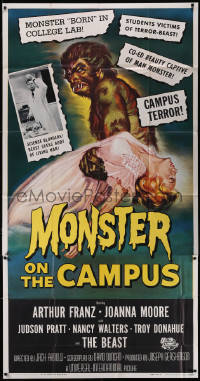 4y0108 MONSTER ON THE CAMPUS 3sh 1958 art of test tube terror carrying girl in nightgown, rare!