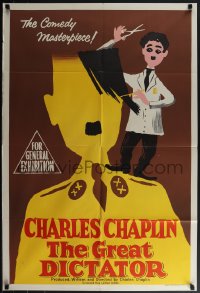 4y0330 GREAT DICTATOR Aust 1sh R1958 art of Charlie Chaplin as Hitler-like Hynkel!