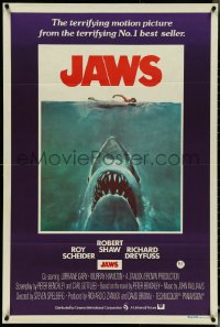 4y0334 JAWS Aust 1sh 1975 art of Steven Spielberg's classic shark attacking sexy swimmer!