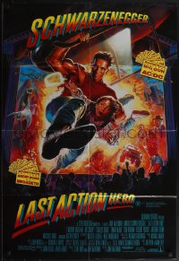 4y0337 LAST ACTION HERO Aust 1sh 1993 cool Morgan art of Arnold Schwarzenegger crashing through screen!