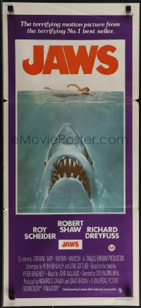 4y0393 JAWS Aust daybill 1975 Kastel art of Spielberg's man-eating shark attacking sexy swimmer!