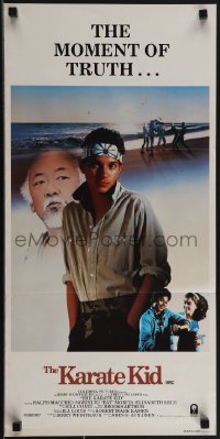 4y0397 KARATE KID Aust daybill 1984 Pat Morita, Ralph Macchio & Elisabeth Shue, brown title style!