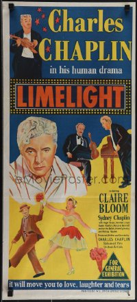 4y0400 LIMELIGHT Aust daybill 1953 artwork of aging Charlie Chaplin & pretty young Claire Bloom!