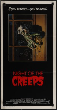 4y0404 NIGHT OF THE CREEPS Aust daybill 1986 cool monster hand artwork, if you scream you're dead!