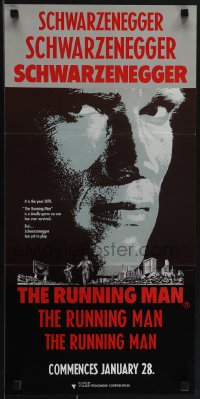 4y0420 RUNNING MAN teaser Aust daybill 1987 huge close up headshot of Arnold Schwarzenegger!