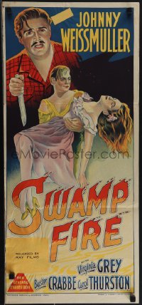 4y0426 SWAMP FIRE Aust daybill 1946 Richardson Studio art of Weissmuller & Crabbe, ultra rare!