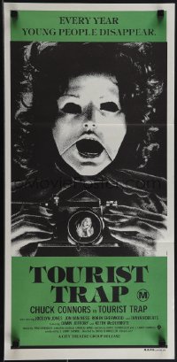 4y0432 TOURIST TRAP Aust daybill 1979 Charles Band, wacky horror image of masked woman with camera!