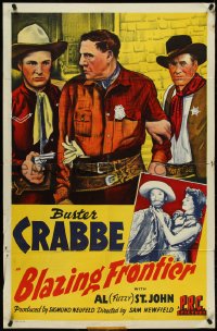 4y0717 BLAZING FRONTIER 1sh 1943 cool art of western cowboys Buster Crabbe & Fuzzy St. John!