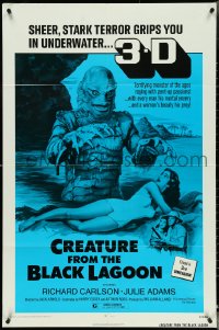 4y0754 CREATURE FROM THE BLACK LAGOON 1sh R1972 art of monster attacking sexy Julie Adams, 3-D!