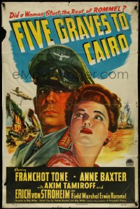 4y0804 FIVE GRAVES TO CAIRO 1sh 1943 Billy Wilder, art of Nazi Erich von Stroheim & Anne Baxter!