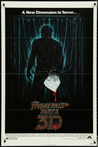 4y0828 FRIDAY THE 13th PART 3 - 3D 1sh 1982 slasher sequel, art of Jason stabbing through shower!