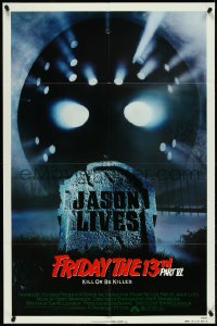 4y0830 FRIDAY THE 13th PART VI 1sh 1986 Jason Lives, cool image of hockey mask over tombstone!