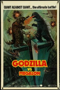 4y0844 GODZILLA VS. MEGALON 1sh 1976 great Dippel art of monsters battling on Twin Towers!