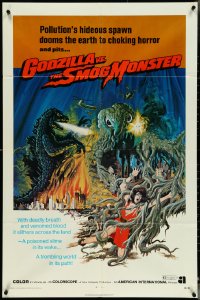 4y0845 GODZILLA VS. THE SMOG MONSTER 1sh 1972 Gojira tai Hedora, Toho Japanese sci-fi, cool art!