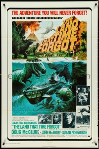 4y0909 LAND THAT TIME FORGOT 1sh 1975 Edgar Rice Burroughs, cool George Akimoto dinosaur art!