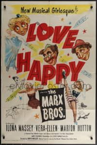 4y0925 LOVE HAPPY 1sh 1949 great art of The Marx Brothers & sexy girls, but no Marilyn Monroe!