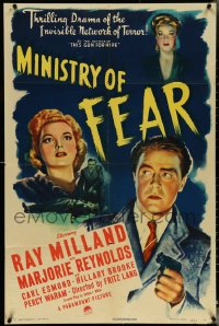 4y0958 MINISTRY OF FEAR 1sh 1944 Fritz Lang, cool noir image of Ray Milland & Marjorie Reynolds!