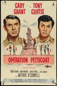 4y0987 OPERATION PETTICOAT 1sh 1959 great artwork of Cary Grant & Tony Curtis on pink submarine!