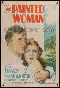 4y0184 PAINTED WOMAN 1sh 1932 best art of young Spencer Tracy & Peggy Shannon on island, ultra rare!