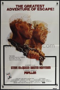 4y0993 PAPILLON 1sh 1973 prisoners Steve McQueen & Dustin Hoffman by Tom Jung, Allied Artists!