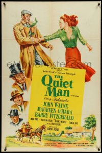 4y1011 QUIET MAN 1sh R1956 great art of John Wayne & Maureen O'Hara, John Ford classic!