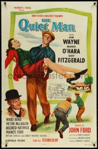 4y1012 QUIET MAN 1sh R1957 great image of John Wayne carrying Maureen O'Hara, John Ford classic!