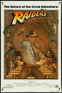 4y1015 RAIDERS OF THE LOST ARK 1sh R1982 great Richard Amsel art of adventurer Harrison Ford!