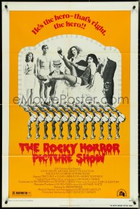 4y1028 ROCKY HORROR PICTURE SHOW style B 1sh 1975 Tim Curry is the hero, wacky cast portrait!