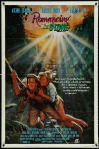 4y1030 ROMANCING THE STONE 1sh 1984 Zemeckis, John Solie art of Michael Douglas & Kathleen Turner!