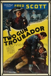 4y1097 TWO GUN TROUBADOR 1sh 1939 Silvery voiced buckaroo Fred Scott w/ gun & in fight, ultra rare!