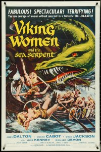 4y1102 VIKING WOMEN & THE SEA SERPENT 1sh 1958 art of sexy female warriors attacked on ship!