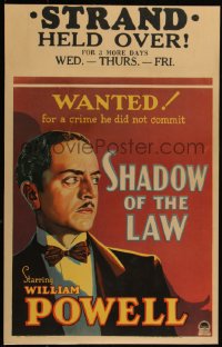 4y0079 SHADOW OF THE LAW WC 1930 art of William Powell, wanted for a crime he didn't commit, rare!