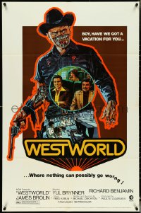 4y1110 WESTWORLD 1sh 1973 Crichton, Adams, nothing can possibly go worng, no shadow tagline design!