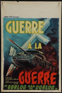 4z0289 GUERRE A LA GUERRE Belgian 1950s World War II art of tank in fiery battle, cross, ultra rare!