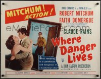 4z0659 WHERE DANGER LIVES style B 1/2sh 1950 Robert Mitchum grabbing Faith Domergue, Rains w/gun!