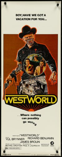 4z0253 WESTWORLD insert 1973 Michael Crichton, cool artwork of cyborg Yul Brynner by Neal Adams!