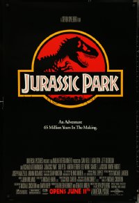 4z0998 JURASSIC PARK advance 1sh 1993 Steven Spielberg, classic logo with T-Rex over red background!