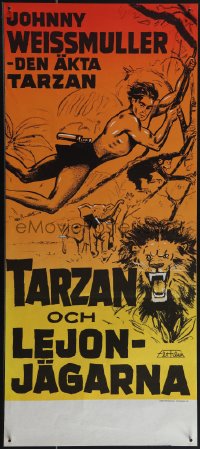 4z0335 TARZAN & THE HUNTRESS Swedish stolpe R1971 art of Johnny Weissmuller over lion, ultra rare!