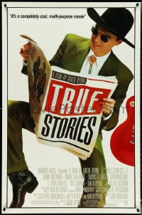 4z1119 TRUE STORIES 1sh 1986 giant image of star & director David Byrne reading newspaper!