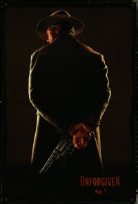 4z1121 UNFORGIVEN teaser DS 1sh 1992 image of gunslinger Clint Eastwood w/back turned, dated design!