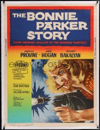 5a0127 BONNIE PARKER STORY linen 30x40 1958 art of cigar-smoking hellcat of the roaring '30s, rare!