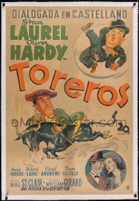 5a0528 BULLFIGHTERS linen Argentinean 1945 wacky art of matador Stan Laurel & Oliver Hardy, rare!