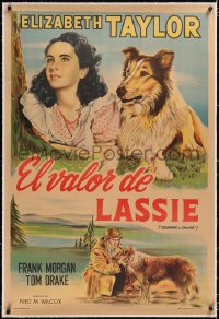 5a0530 COURAGE OF LASSIE linen Argentinean R1950s art of Elizabeth Taylor & famous Collie dog, rare!