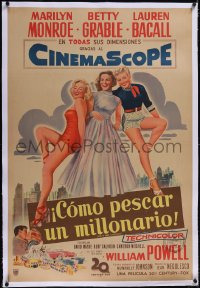 5a0543 HOW TO MARRY A MILLIONAIRE linen Argentinean 1953 art of sexy Marilyn Monroe, Grable & Bacall!