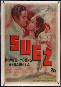 5a0567 SUEZ linen Argentinean 1938 art of Tyrone Power with pretty Loretta Young & Annabella!