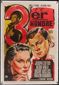 5a0569 THIRD MAN linen Argentinean R1954 different art of Orson Welles, Joseph Cotten & Valli, rare!