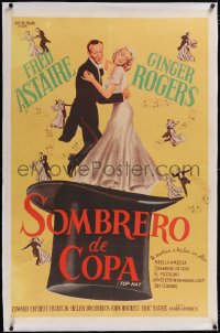 5a0570 TOP HAT linen Argentinean R1950s art of Fred Astaire & Ginger Rogers dancing in top hat, rare!