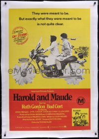 5a0301 HAROLD & MAUDE linen Aust 1sh 1971 Ruth Gordon & Bud Cort on flower motorcycle, very rare!